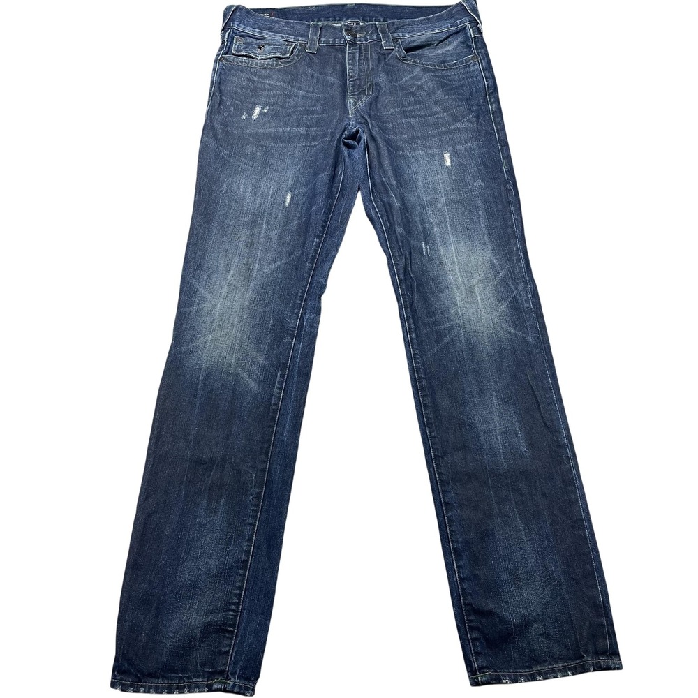 True Religion Geno Relaxed Slim Jeans Mens 34 Blue Wash Distress Denim Fit 36x35